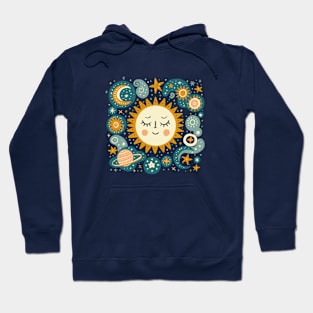 Serenity in the Cosmos - Sun and Stars Celestial Illustration Dark Hoodie